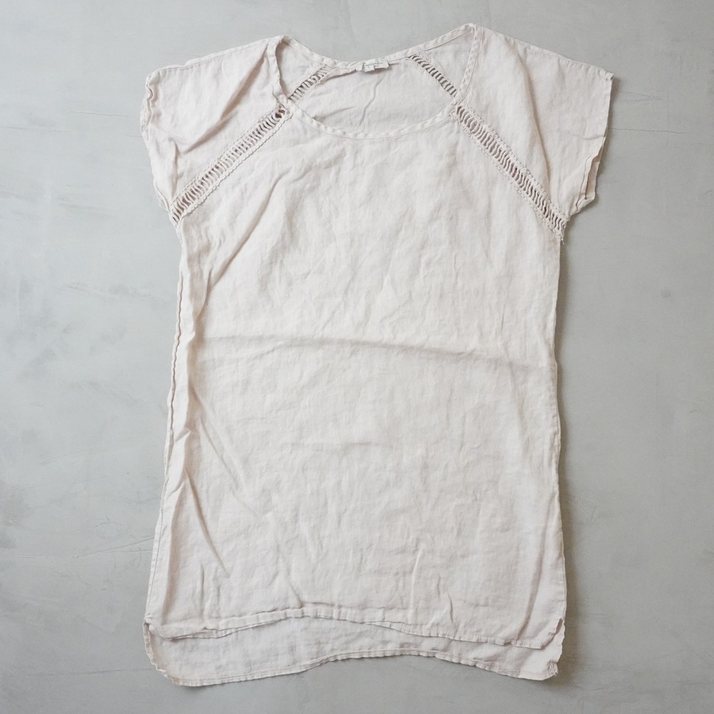Bellambra Italy Linen Tunic Top Beige Ladder Stitch Short Sleeve Large